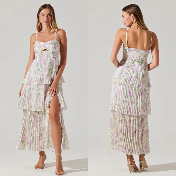 Astr Dresses & Skirts - New ASTR Emmi Pleated Midi Cut Out Dress in Purple Floral Mesh